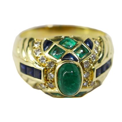 Picture of 18k Yellow Gold Emerald, Sapphire and Diamond Ring