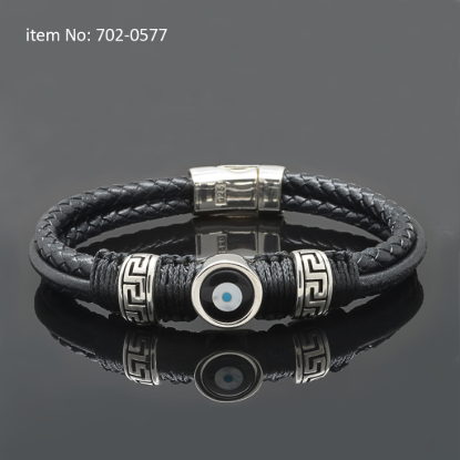 Picture of AXION Sterling Silver Bracelet Black Braided Leather Bracelet with Lucky Eye Motif and Meanders