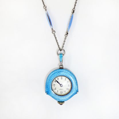 Picture of Antique Swiss Sterling Silver, Marcasite & Guilloche Enamel Watch Necklace