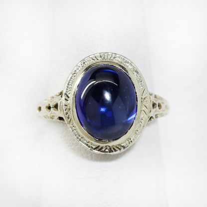 Picture of Antique Edwardian 18k White Gold Filigree & Blue Sapphire Cabochon Ring
