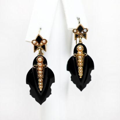 Picture of Victorian 14k Gold, Carved Onyx, Pearl & Enamel Mourning Earrings