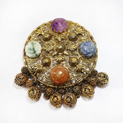 Picture of Vintage Large Signed Leo Glass Etruscan Style Brooch with Gemstones