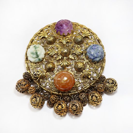 Picture of Vintage Large Signed Leo Glass Etruscan Style Brooch with Gemstones