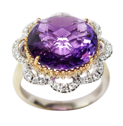 Picture of 18k Two-Tone Gold & Amethyst Ring with Flower Shaped Diamond Halo 