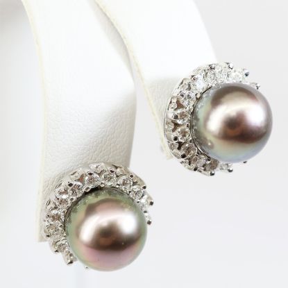 Picture of 14k White Gold Tahitian Cultured Pearl and Diamond Earrings
