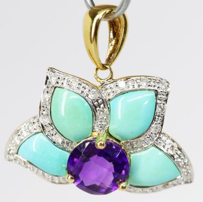 Picture of 14k Two-Tone Gold Amethyst, Turquoise,  and Diamond Pendant 