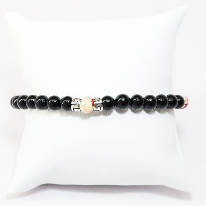 Picture of AXION Sterling Silver Greek Key Onyx & Agate Beaded Elastic Cord Bracelet