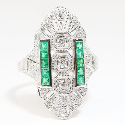 Picture of 14k White Gold Art Deco Revival Diamond and Emerald Ring