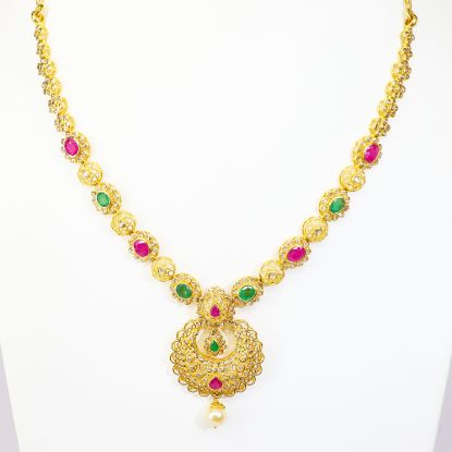 Picture of 22k Yellow Gold Bezel Set Ruby, Emerald  and Diamond Necklace