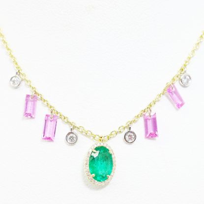 Picture of 14k Two-Tone Gold Pink Sapphire, Emerald & Diamond Necklace