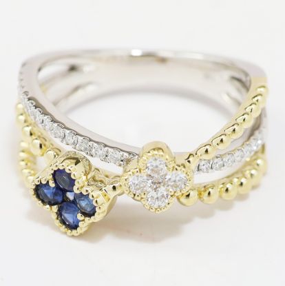 Picture of 14k Two-Tone Gold Blue & White Diamond Cross Over Clover Ring