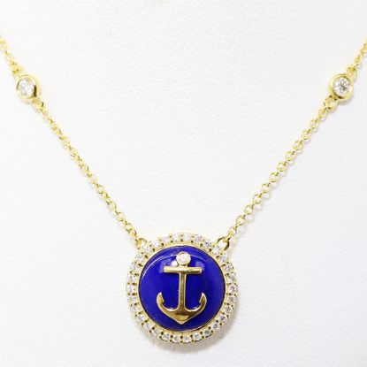 Picture of 14k Yellow Gold Blue Enamel & White Diamond Anchor Necklace