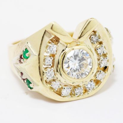 Picture of 14k Yellow Gold Diamond Horseshoe Ring with Synthetic Green & Red Accents