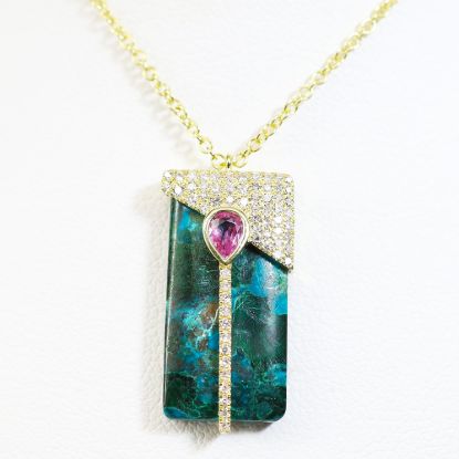 Picture of 14k Yellow Gold Pink Sapphire, Chrysocolla, & Diamond Necklace