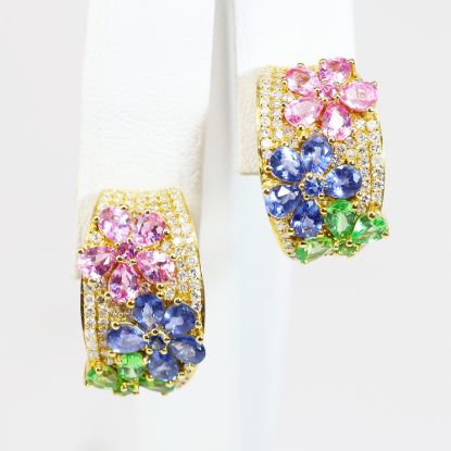 Picture of 14k Yellow Gold Gemstone & Diamond Flower Half-Hoop Earrings