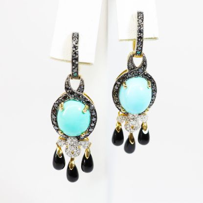 Picture of 14k Yellow Gold Turquoise, Onyx & Diamond Dangling Earrings
