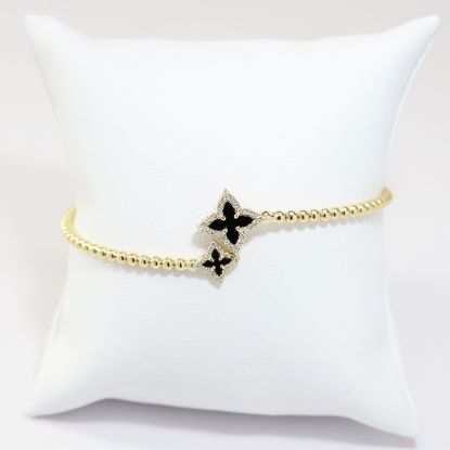 Picture of 14k Yellow Gold Beaded Black Onyx & Diamond Clover Motif Bangle
