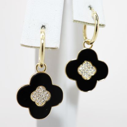 Picture of 14k Yellow Gold Black Onyx & Diamond Clover Motif Earrings