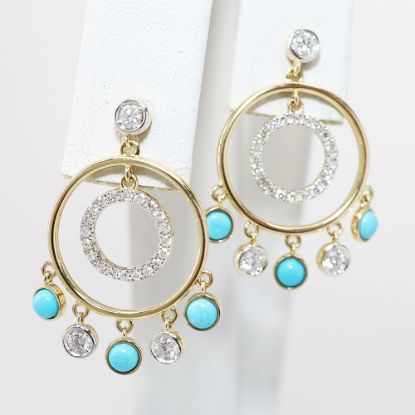 Picture of 14k Yellow Gold Turquoise & Diamond Open Frame Dangling Earrings