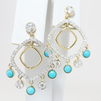Picture of 14k Yellow Gold Turquoise & Diamond Dangling Earrings