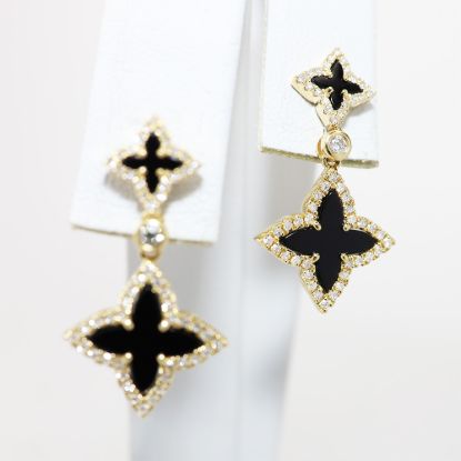 Picture of 14k Yellow Gold Black Onyx & Diamond Halo Dangling Clover Motif Earrings
