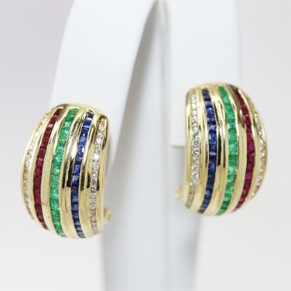 Picture of 18k Yellow Gold Diamond, Ruby, Emerald, & Sapphire Half-Hoop Hinged Earrings