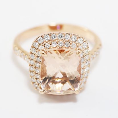 Picture of 14k Rose Gold Rectangular Morganite & Diamond Halo Ring