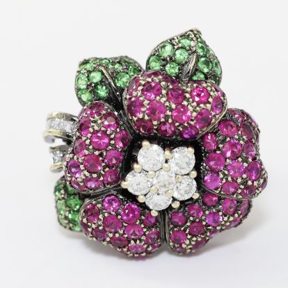 Picture of 18k Yellow Gold Ruby, Tsavorite Garnet, & Diamond Flower Ring