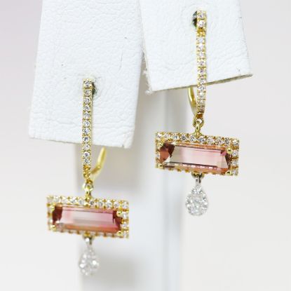 Picture of 14k Yellow Gold Tourmaline Bar & Dangling Diamond Charms Earrings