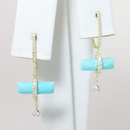 Picture of 14k Yellow Gold Turquoise Bar & Dangling Diamond Charms Earring