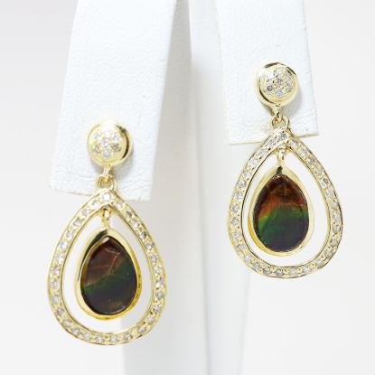 Picture of 14k Yellow Gold Pear Cut Ammolite & Diamond Open Frame Dangling Earrings