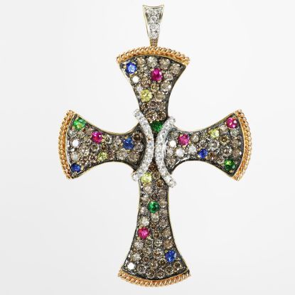 Picture of 18k Two Tone Gold Diamond & Gemstones Cross Pendant