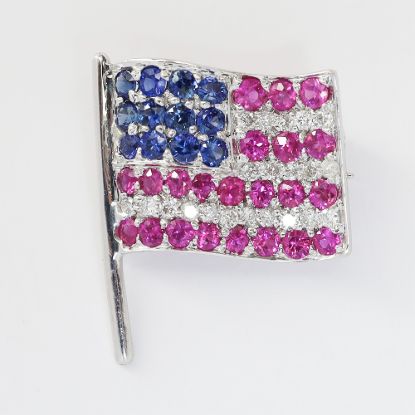 Picture of 18k White Gold Ruby, Sapphire & Diamond Flag Pin