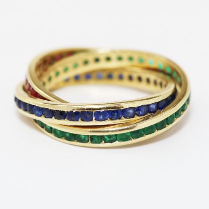 Picture of 18k Yellow Gold Three Band Interlocking Sapphire, Ruby,  & Emerald Ring