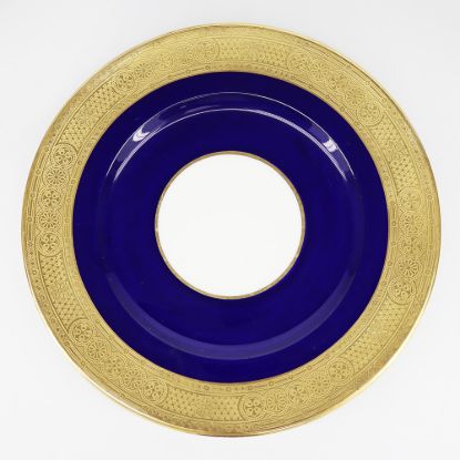 Picture of Antique Cauldon Cobalt Blue Fine China Plates with Gold Intricate Trim | Set of 10