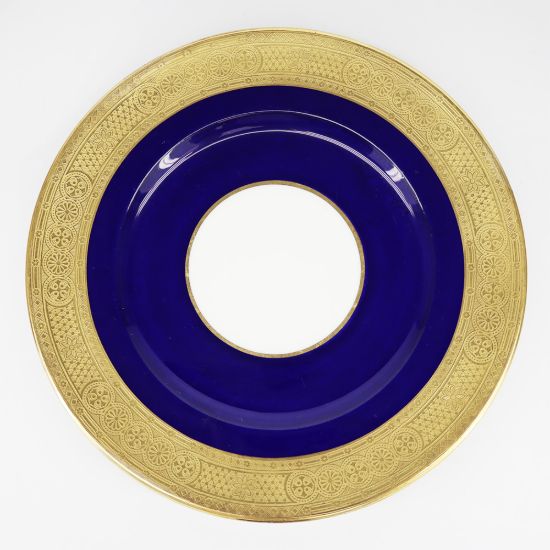 Picture of Antique Cauldon Cobalt Blue Fine China Plates with Gold Intricate Trim | Set of 10