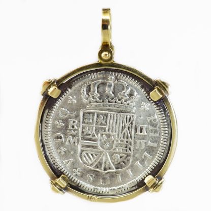 Picture of 1720 Spanish 2 Reales Coin Pendant with 14k Yellow Gold Bezel