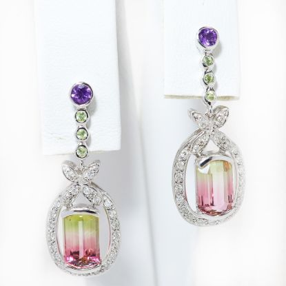 Picture of 14k White Gold Tourmaline, Amethyst, & Diamond Halo Dangling Earrings