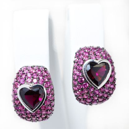 Picture of 14k White Gold Garnet & Tourmaline Half-Hoop Heart Earrings 