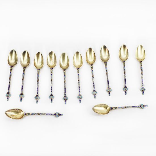 Picture of Antique Set of 12 Gorham Gilt Sterling Silver Demitasse Spoons with Enameled Handles