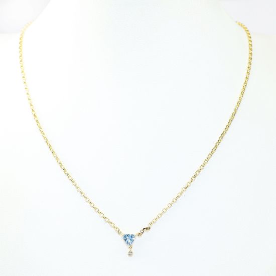 Picture of 14k Yellow Gold Trillion Cut Aquamarine & Dangling Diamond Charm Necklace