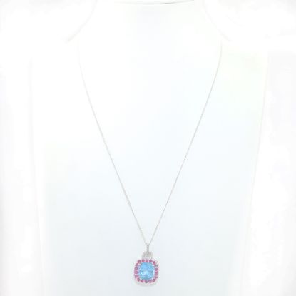Picture of 14k White Gold Square Blue Topaz Pendant with Pink Sapphire & White Diamond Halo