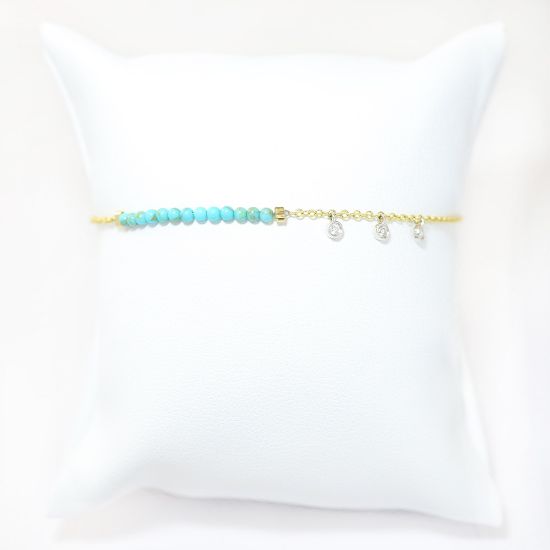 Picture of 14k Yellow Gold Turquoise Beaded Bracelet with Diamond Bezel Charms