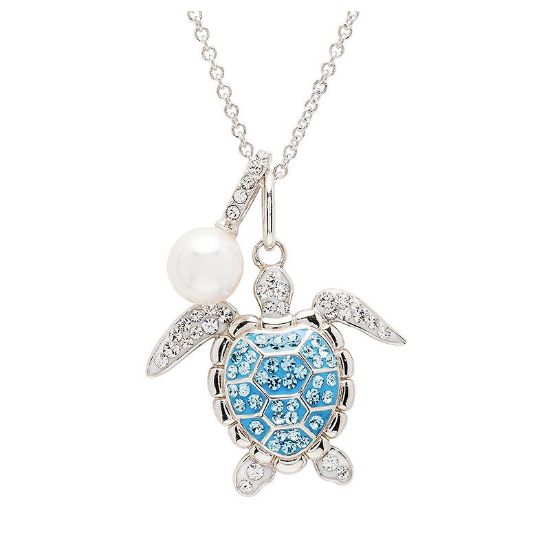 Picture of Sterling Silver Aqua Crystal and Pearl Turtle Necklace