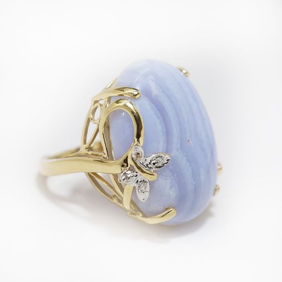Picture of 14k Yellow Gold Oval Blue Lace Agate & Diamond Ring