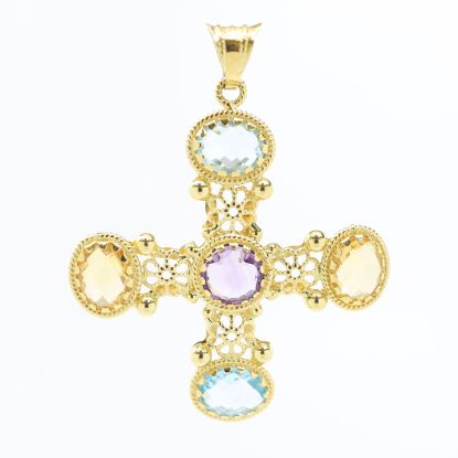 Picture of 18k Yellow Gold Briolette Topaz, Citrine, & Amethyst Maltese Cross Pendant