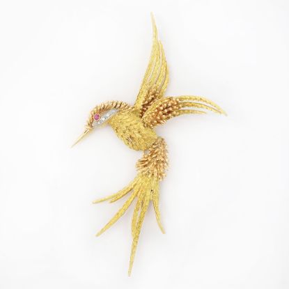 Picture of Vintage 18k Yellow Gold Diamond & Ruby Hummingbird Brooch