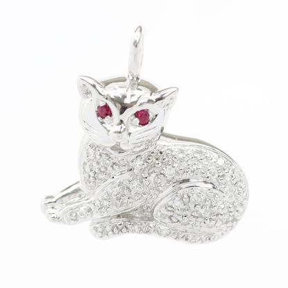 Picture of 14k White Gold Pavé Set Diamond & Ruby Cat Pendant/Charm