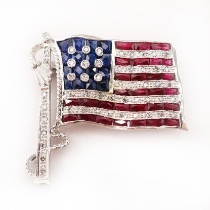 Picture of 14k White Gold Ruby, Sapphire, & Diamond Flag Brooch