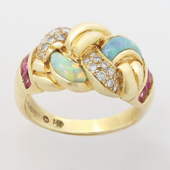 Picture of 14k Yellow Gold Tourmaline, Opal & Diamond Ring